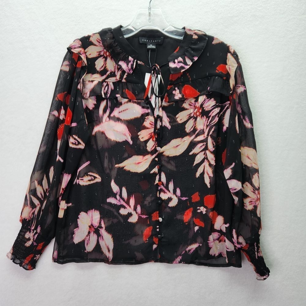 Sanctuary Blouse Womens XS Black Floral Print Long Sleeve Sheer Button Front Top